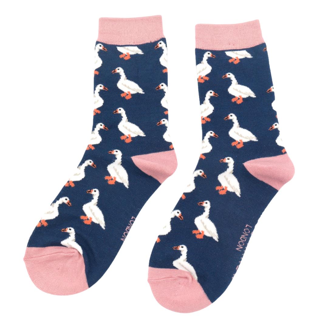 White Ducks on Navy Ladies Novelty Ankle Socks Adult One Size image 0