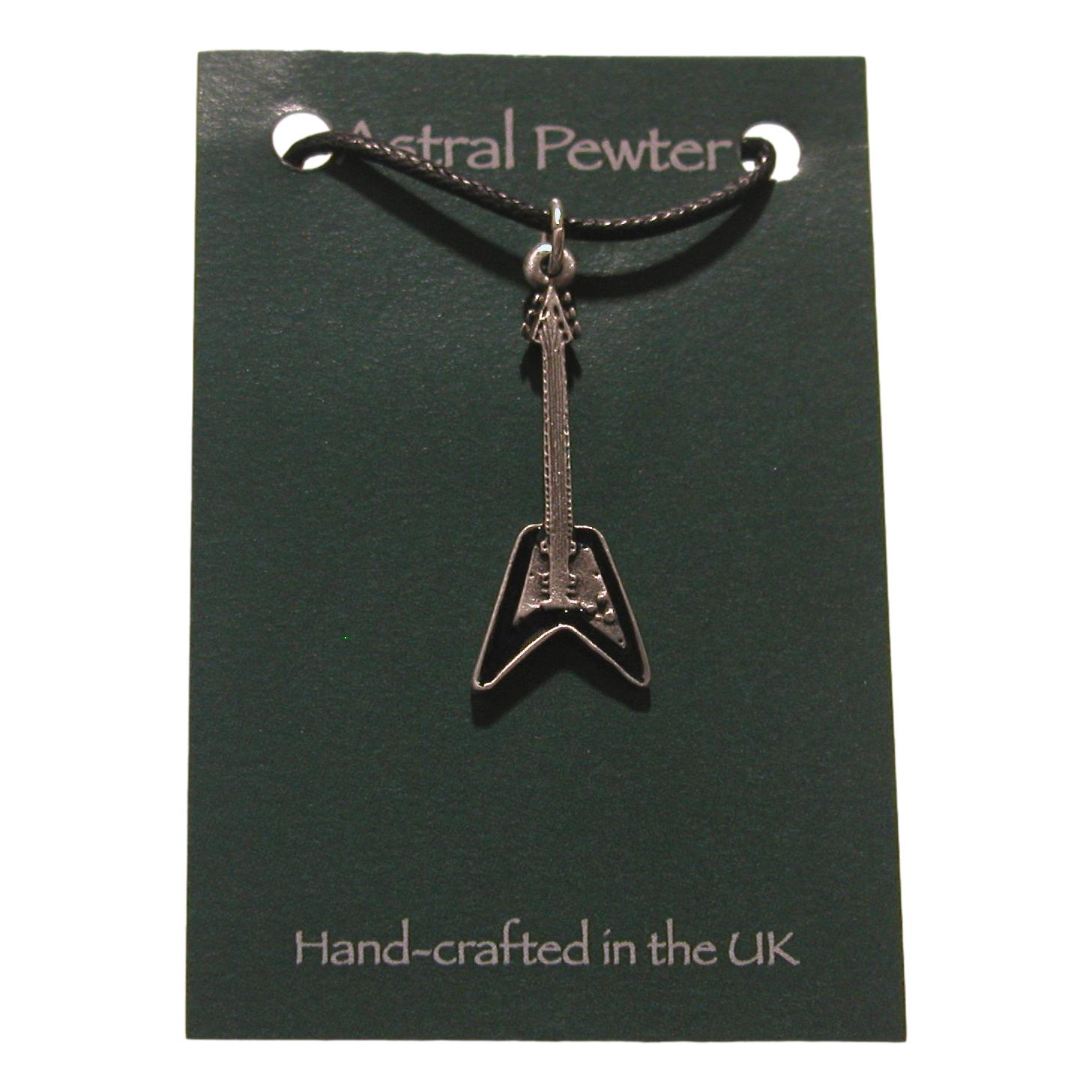 Flying V Shape Enamelled Pewter Guitar black cord pendant image 1