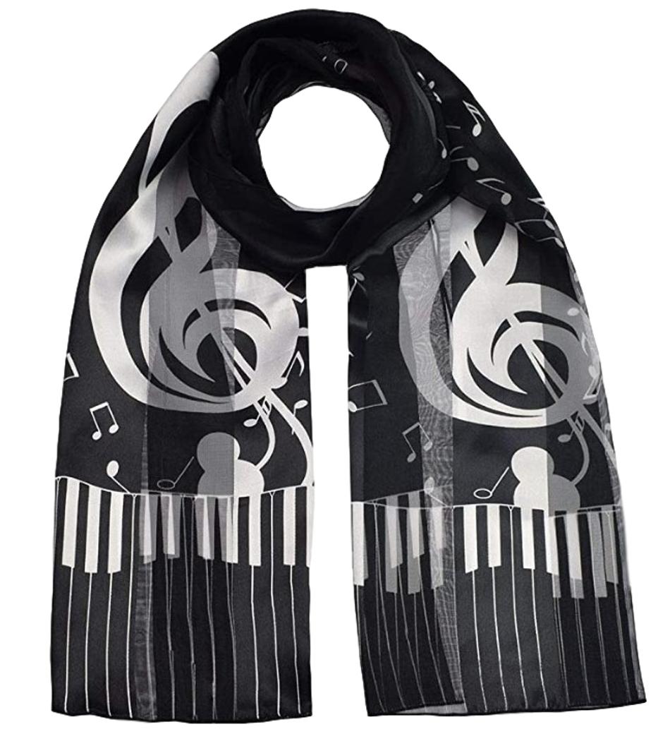 Large Treble Clef, Music Notes and Keyboard black polyester scarf image 0