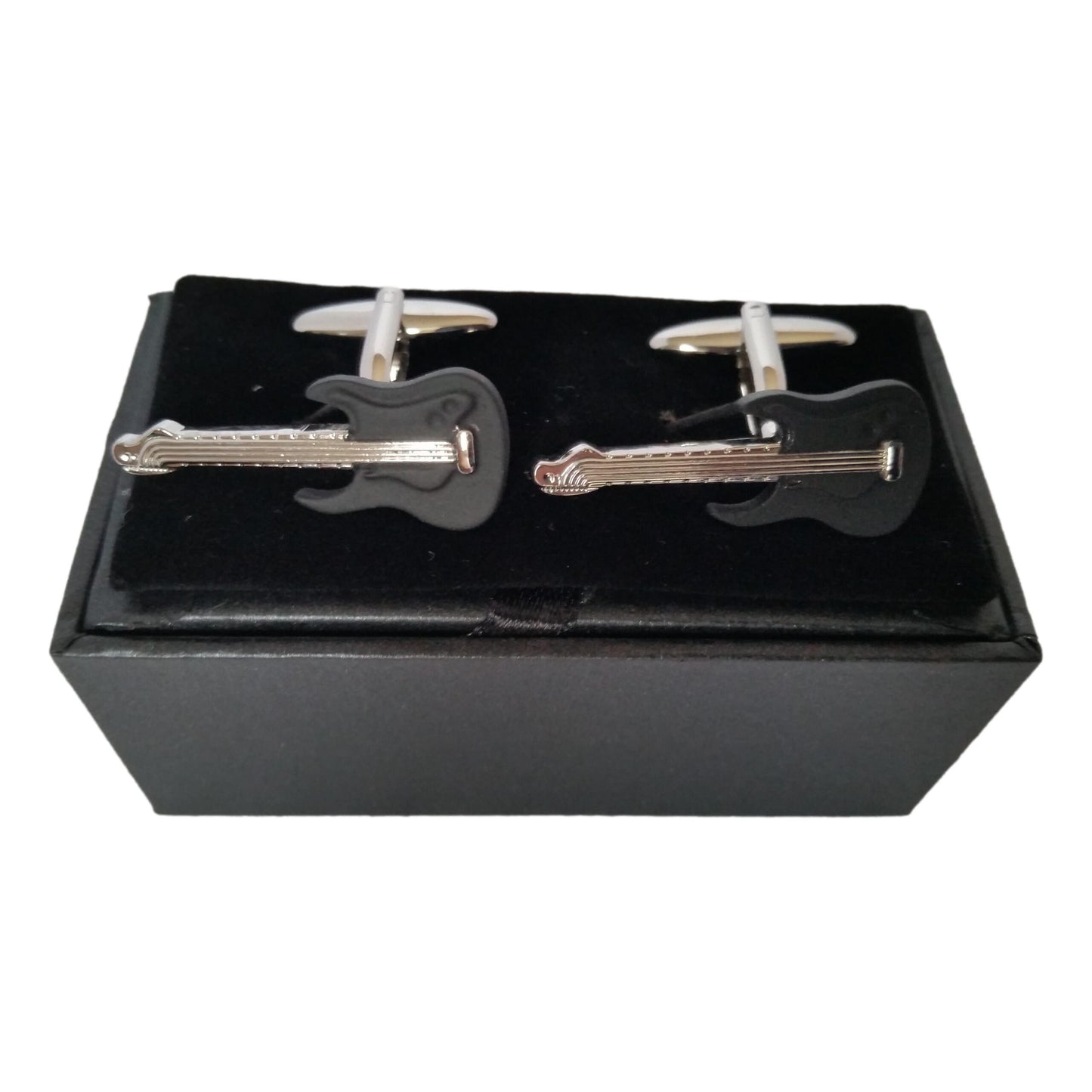 Matt black Electric Guitar silver-plated torpedo cufflinks in padded gift box image 1