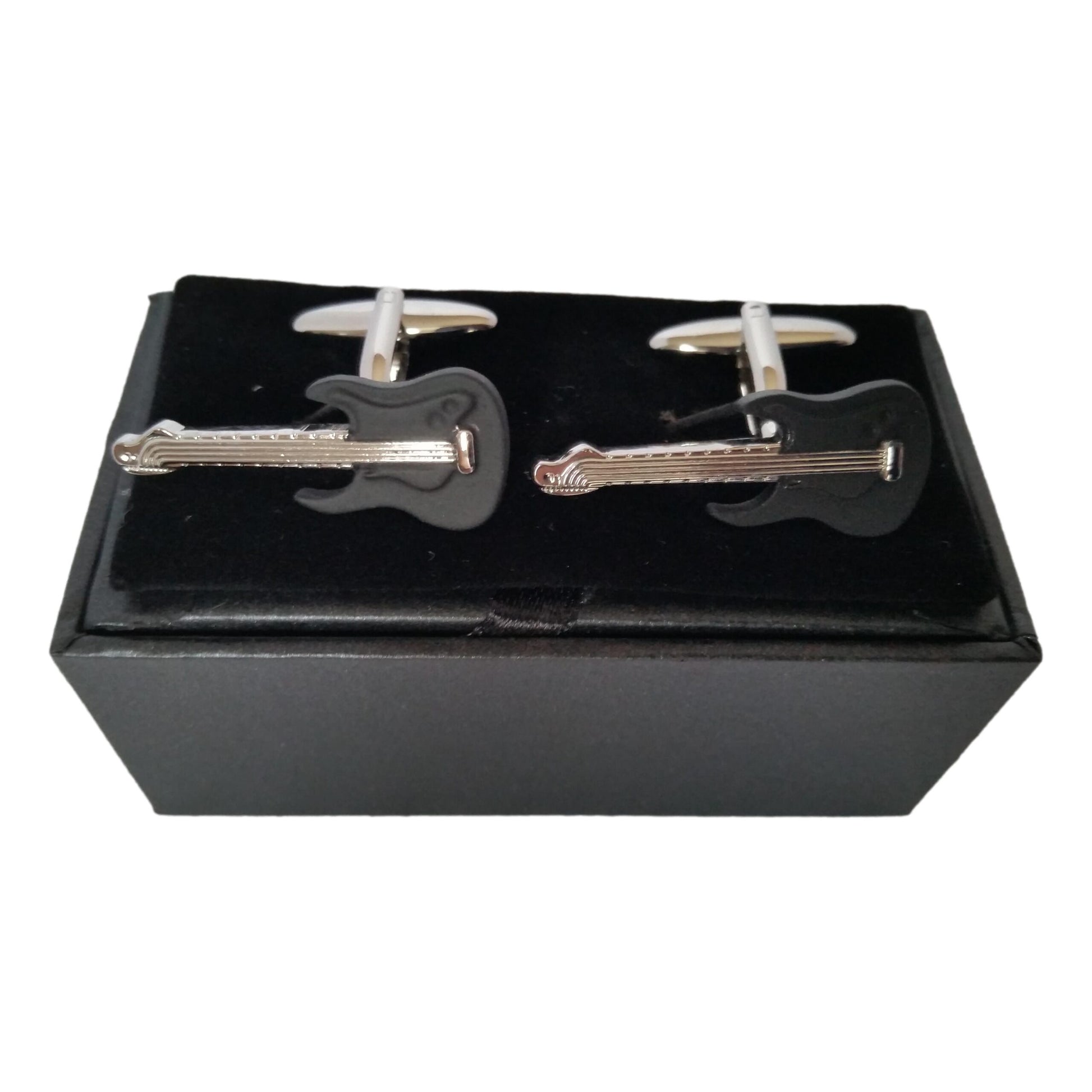 Matt black Electric Guitar silver-plated torpedo cufflinks in padded gift box image 1