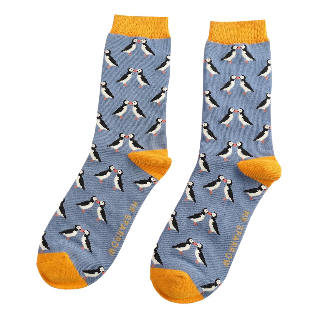 Kissing Puffins on Denim Blue Mens Novelty Ankle Socks Adult One Size image 0