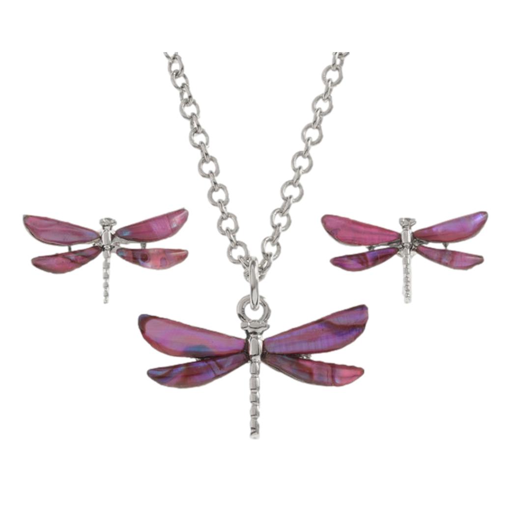 Pink Dragonfly Paua shell rhodium-plated pendant and stud earrings set image 0