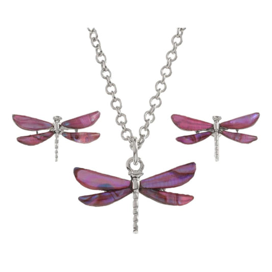 Pink Dragonfly Paua shell rhodium-plated pendant and stud earrings set image 0