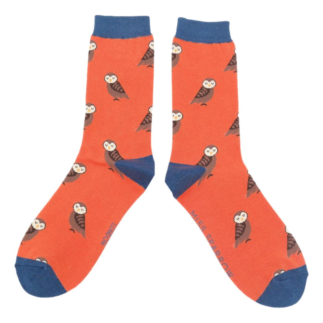 Cute Owls on Burnt Orange Womens Novelty Ankle Socks Adult One Size image 0