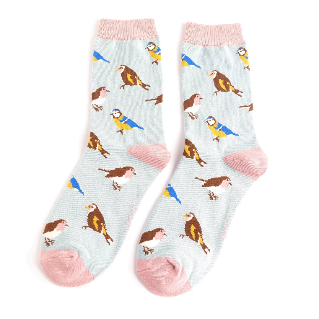 Garden Birds on Pale Blue Womens Novelty Ankle Socks Adult One Size image 0