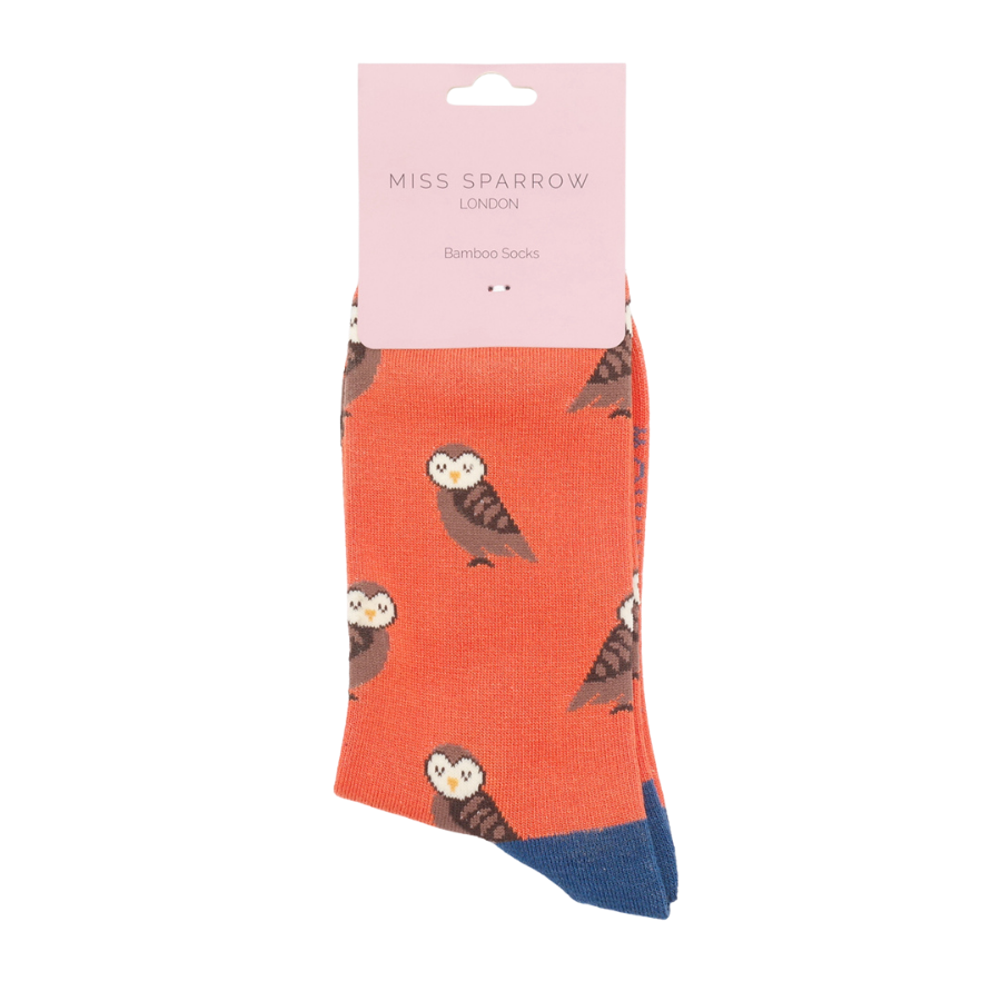 Cute Owls on Burnt Orange Womens Novelty Ankle Socks Adult One Size image 1