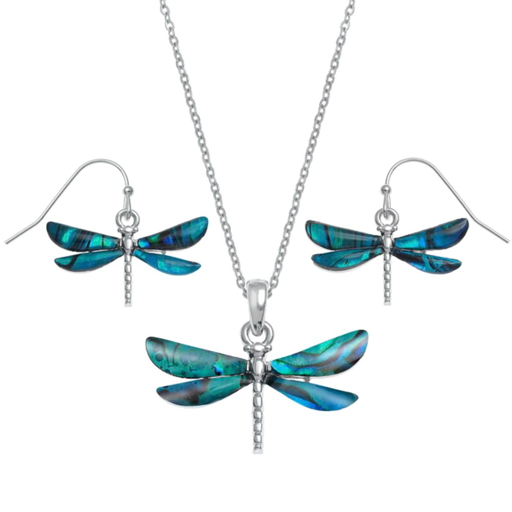 Blue Dragonfly Paua shell rhodium-plated pendant and earrings set image 0
