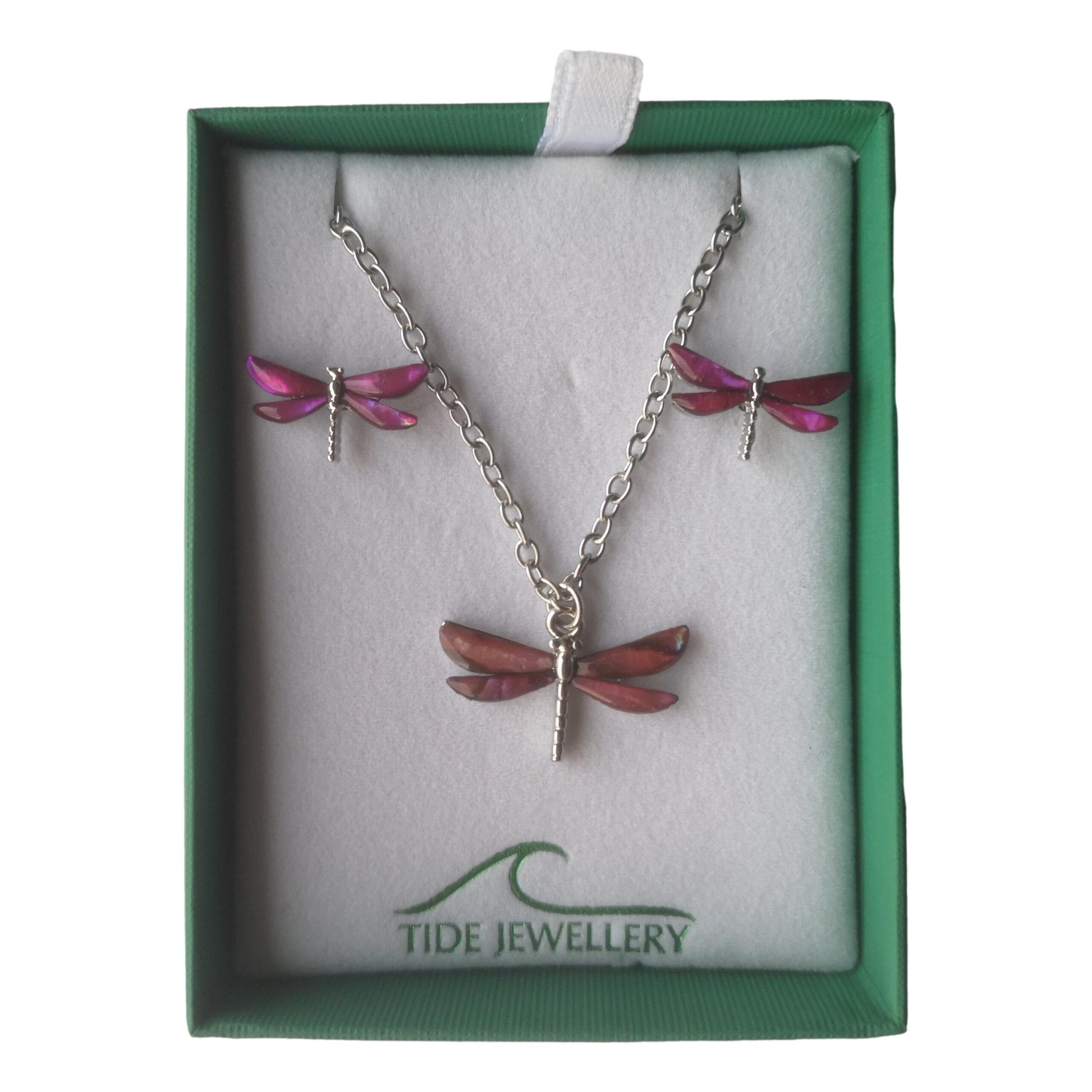 Pink Dragonfly Paua shell rhodium-plated pendant and stud earrings set image 2