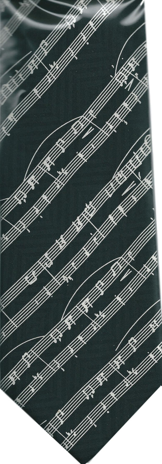 Diagonal Sheet Music White on Black 100% Silk Classic Tie image 0