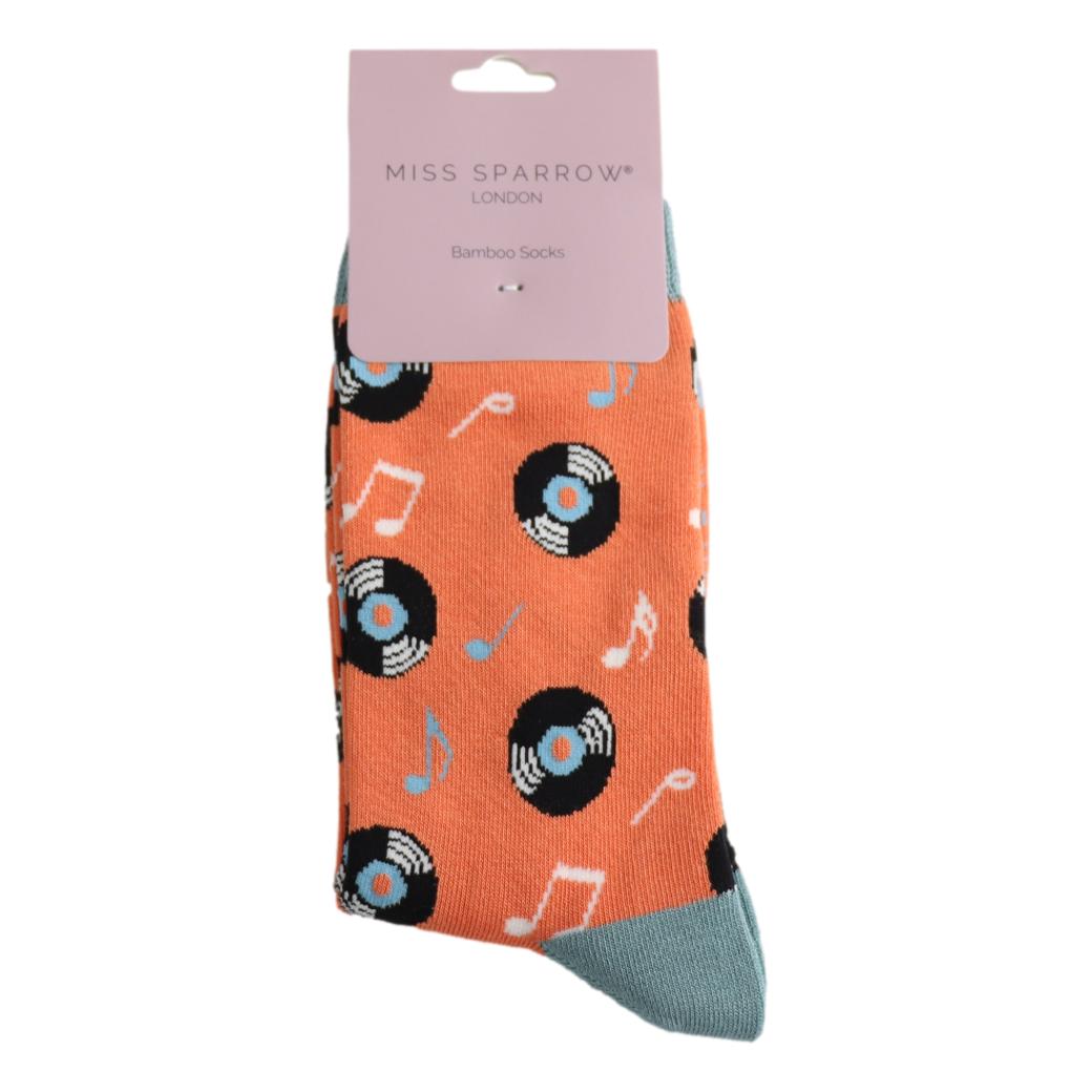Vinyl Music Discs on Orange Womens Novelty Ankle Socks Adult One Size image 1