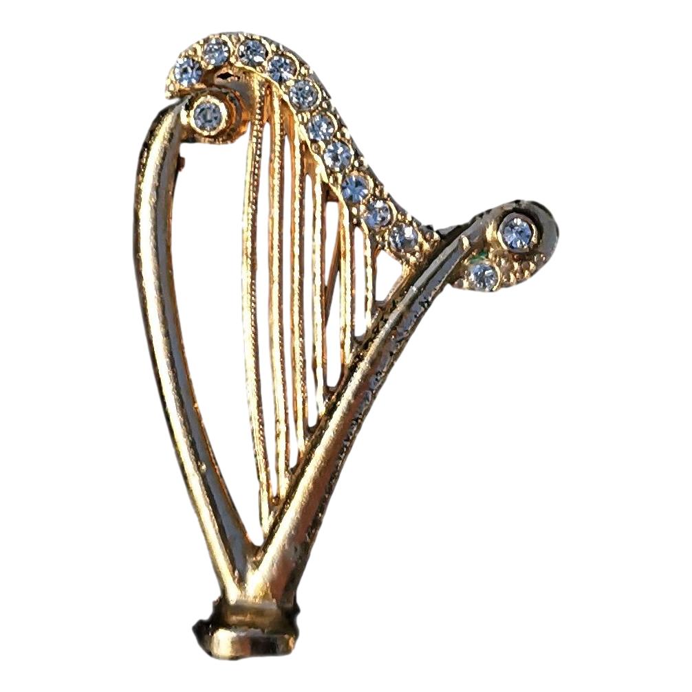 Celtic Welsh Harp diamante crystal gold-plated pewter pin brooch image 0
