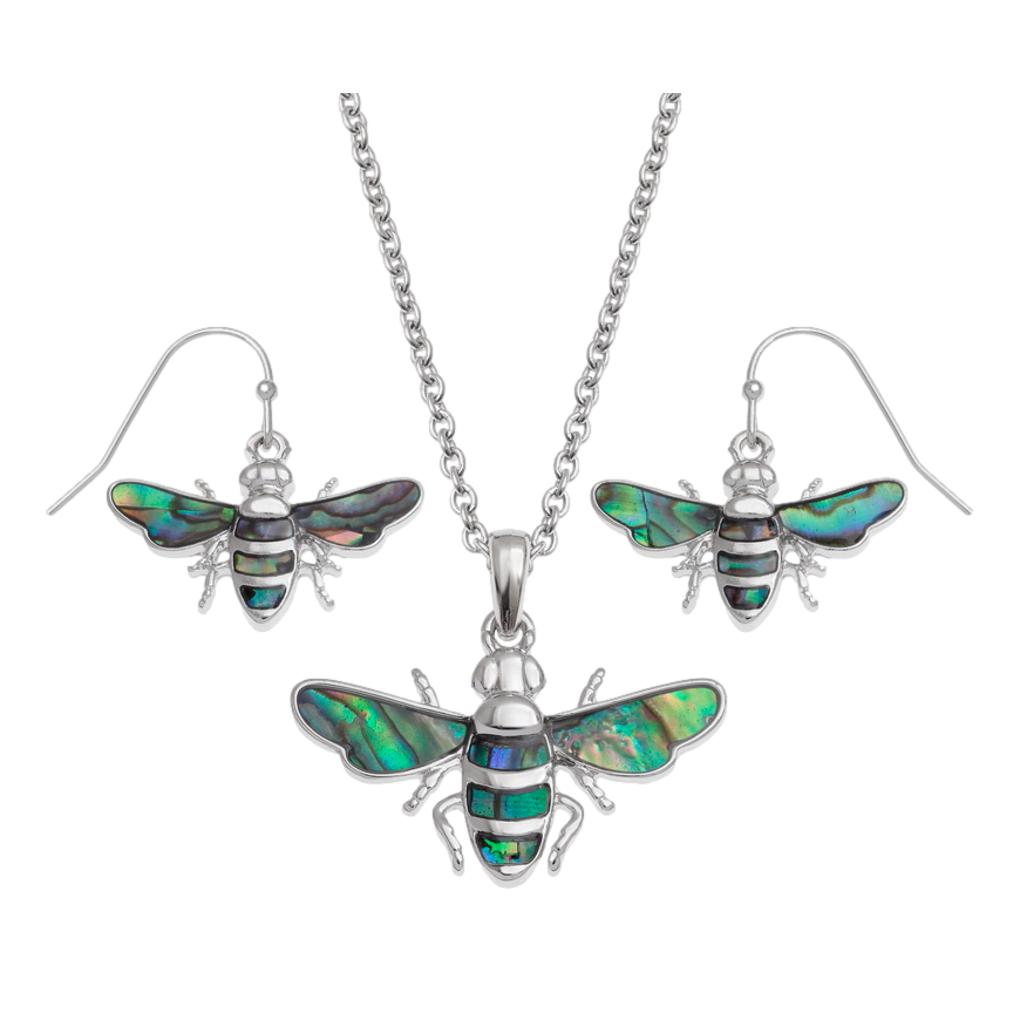 Honey Bee Paua shell rhodium-plated pendant and earrings set image 0
