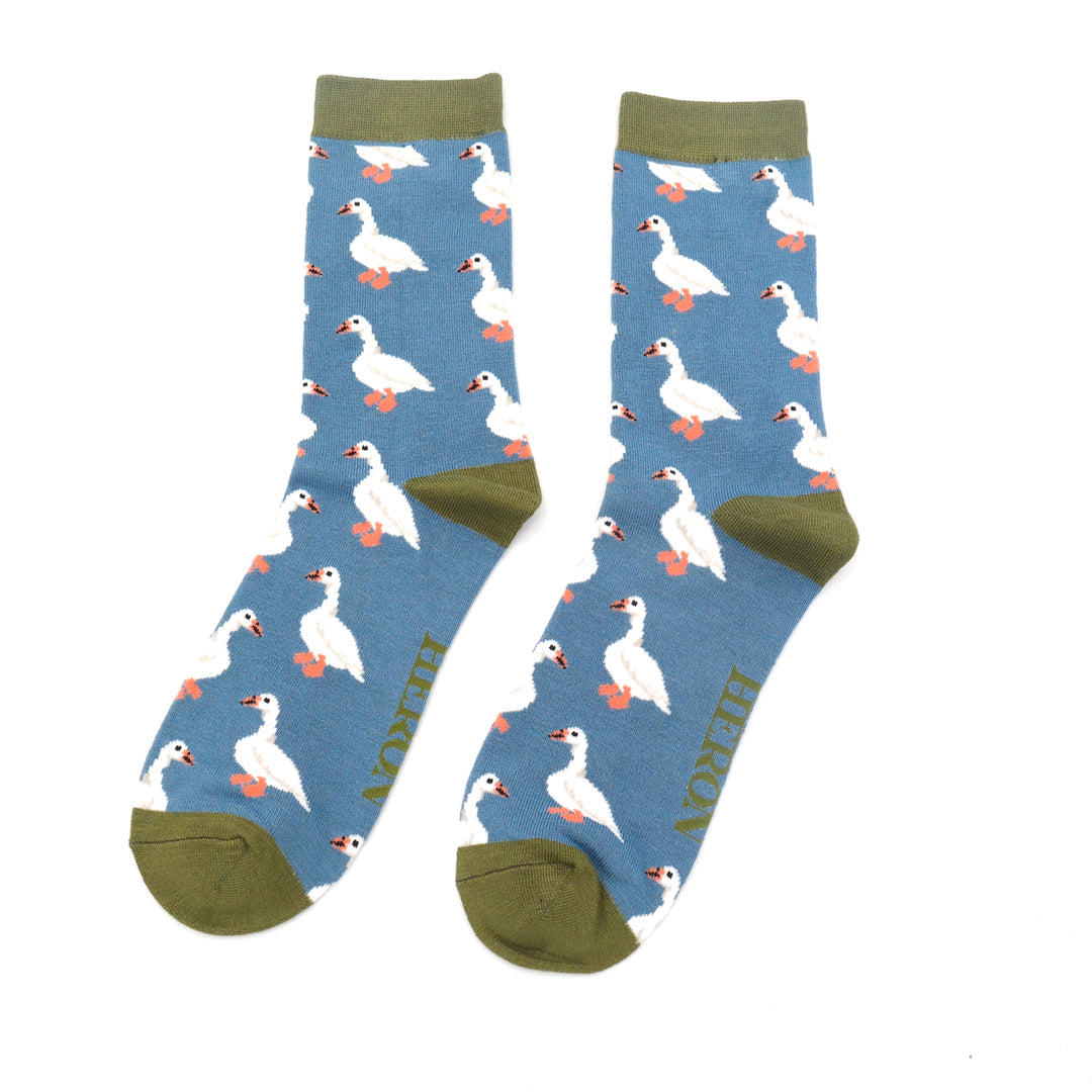 White Ducks on Denim Blue Mens Novelty Ankle Socks Adult One Size image 0