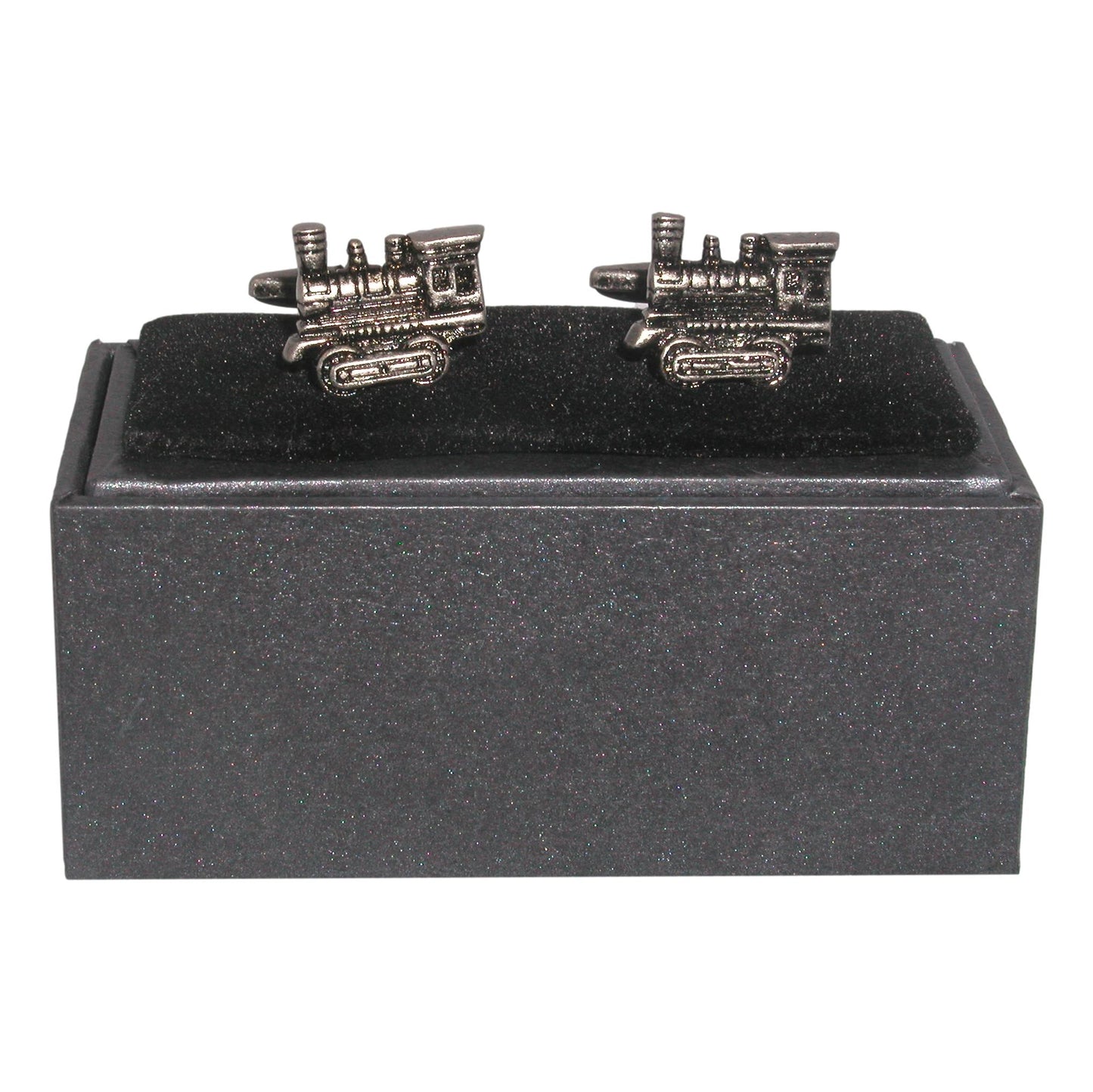 American style steam train silver-plated torpedo cufflinks in padded gift box image 0