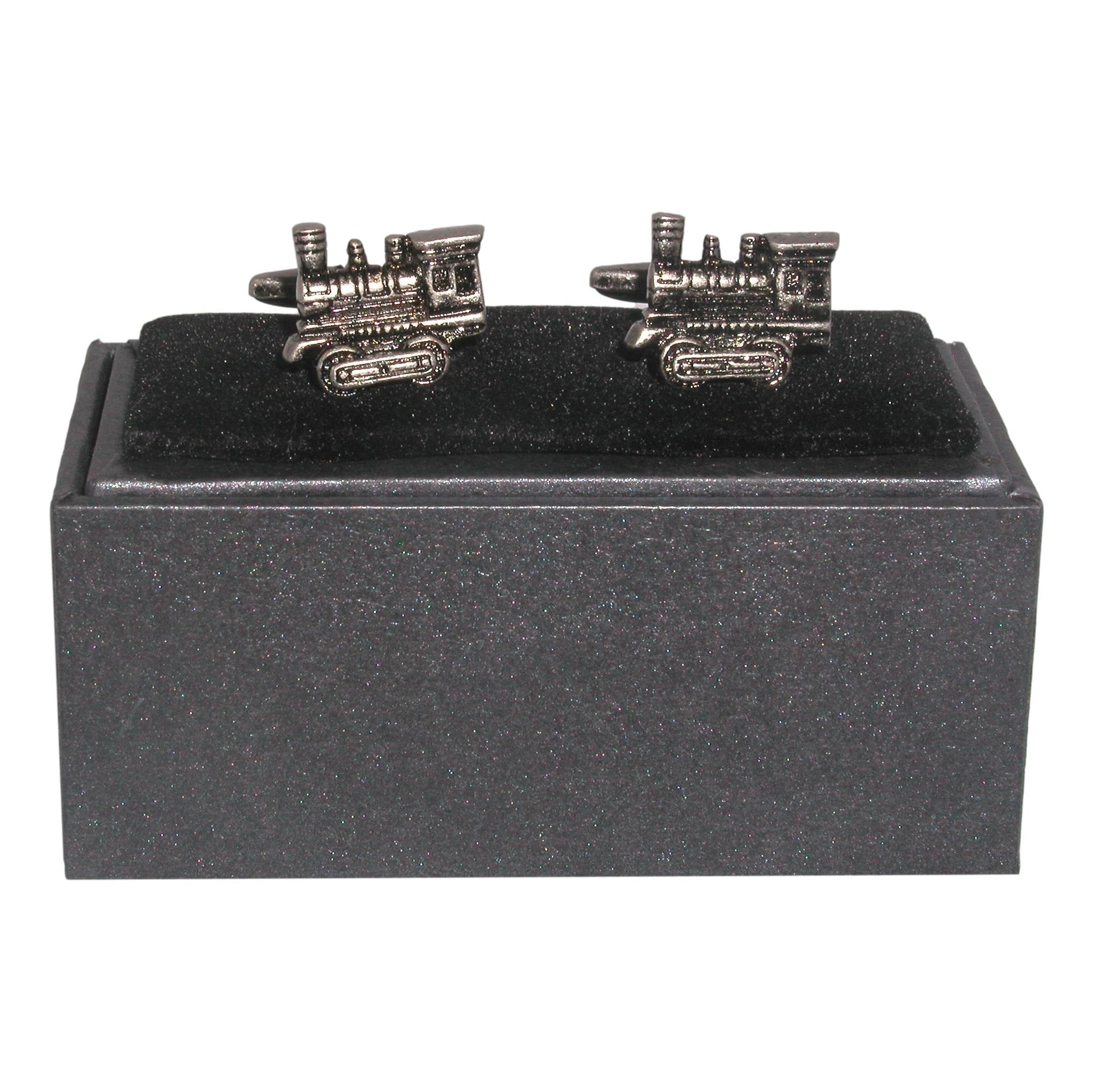 American style steam train silver-plated torpedo cufflinks in padded gift box image 0
