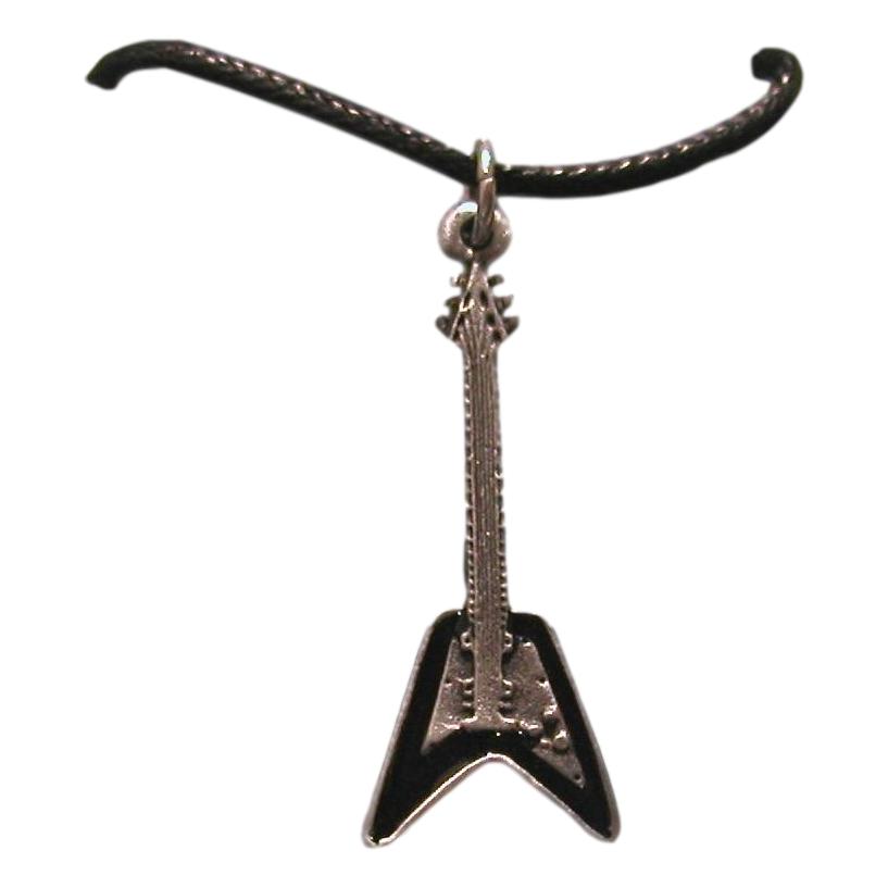 Flying V Shape Enamelled Pewter Guitar black cord pendant image 0