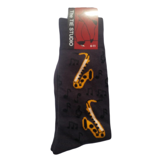 Saxophones on Brown/Grey Unisex Novelty Ankle Socks Adult Size 6-11 image 0