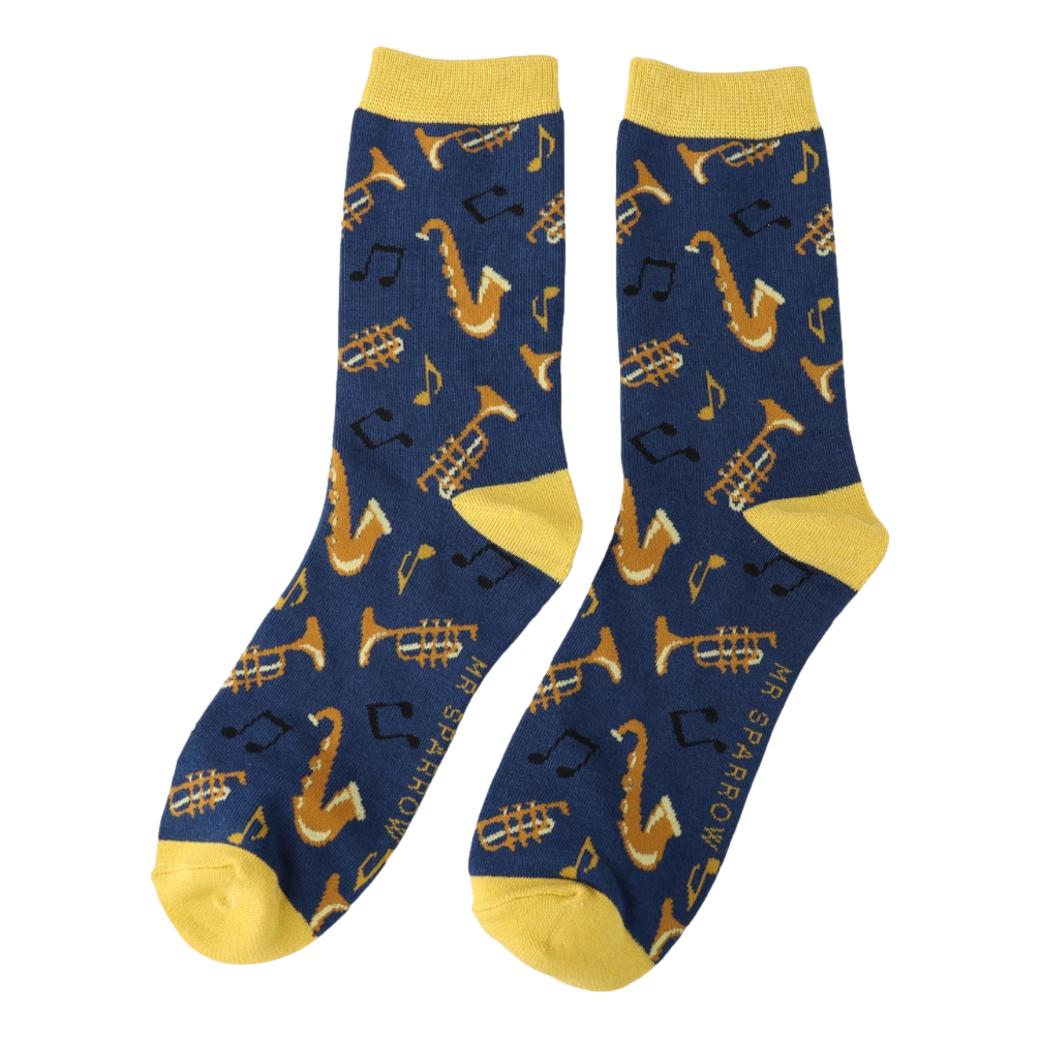 Jazz Instruments and Music Notes on Navy Blue Mens Novelty Ankle Socks Adult One Size image 0