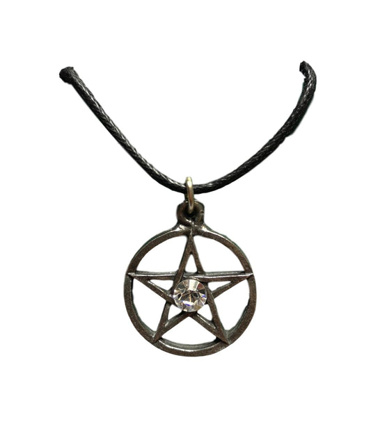 Clear Crystal Light Pentagram pewter metal black cord pendant image 0
