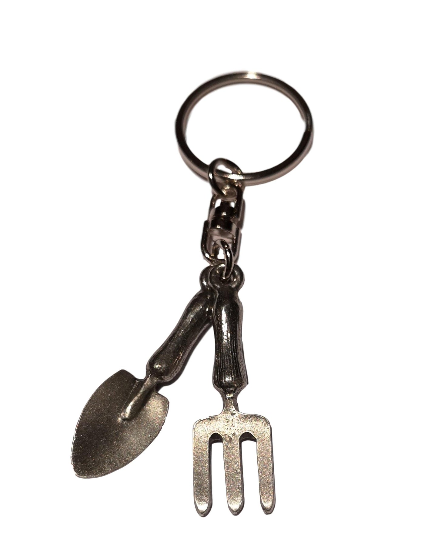 Gardener's Fork and Trowel pewter metal keyring image 0