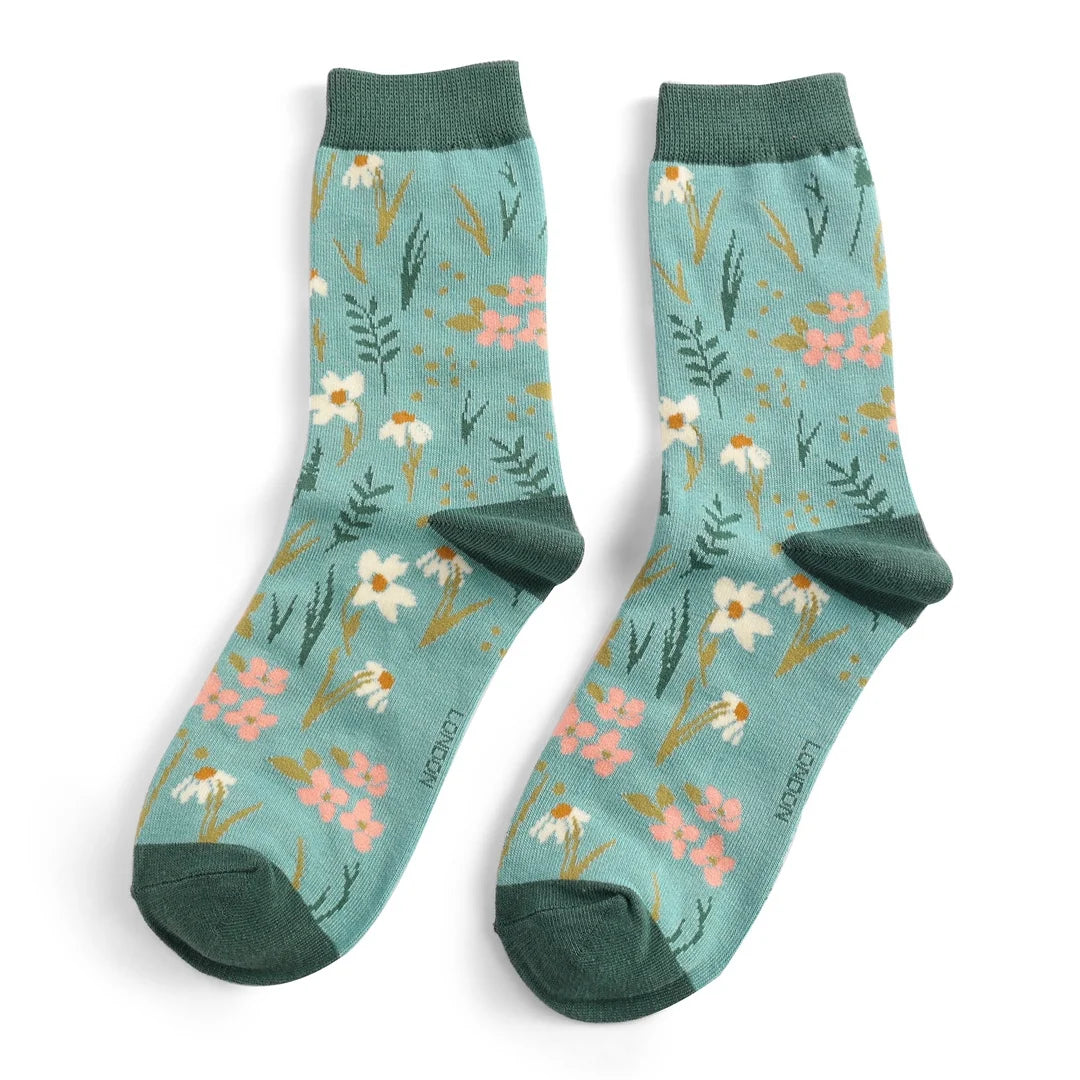 Meadow Flowers on Duck Egg Womens Novelty Ankle Socks Adult One Size image 0