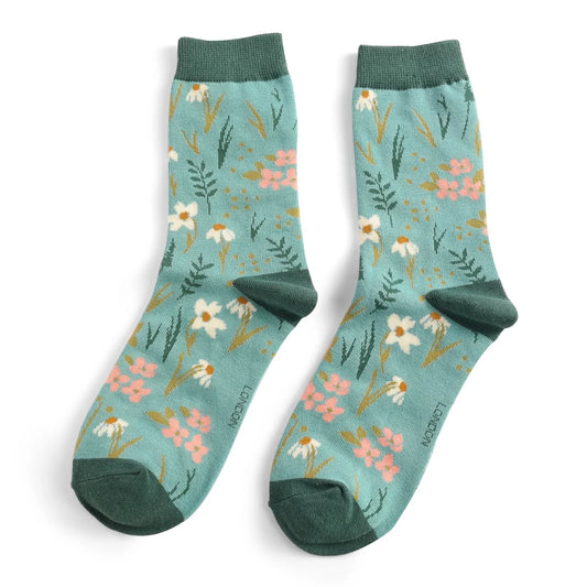 Meadow Flowers on Duck Egg Womens Novelty Ankle Socks Adult One Size image 0