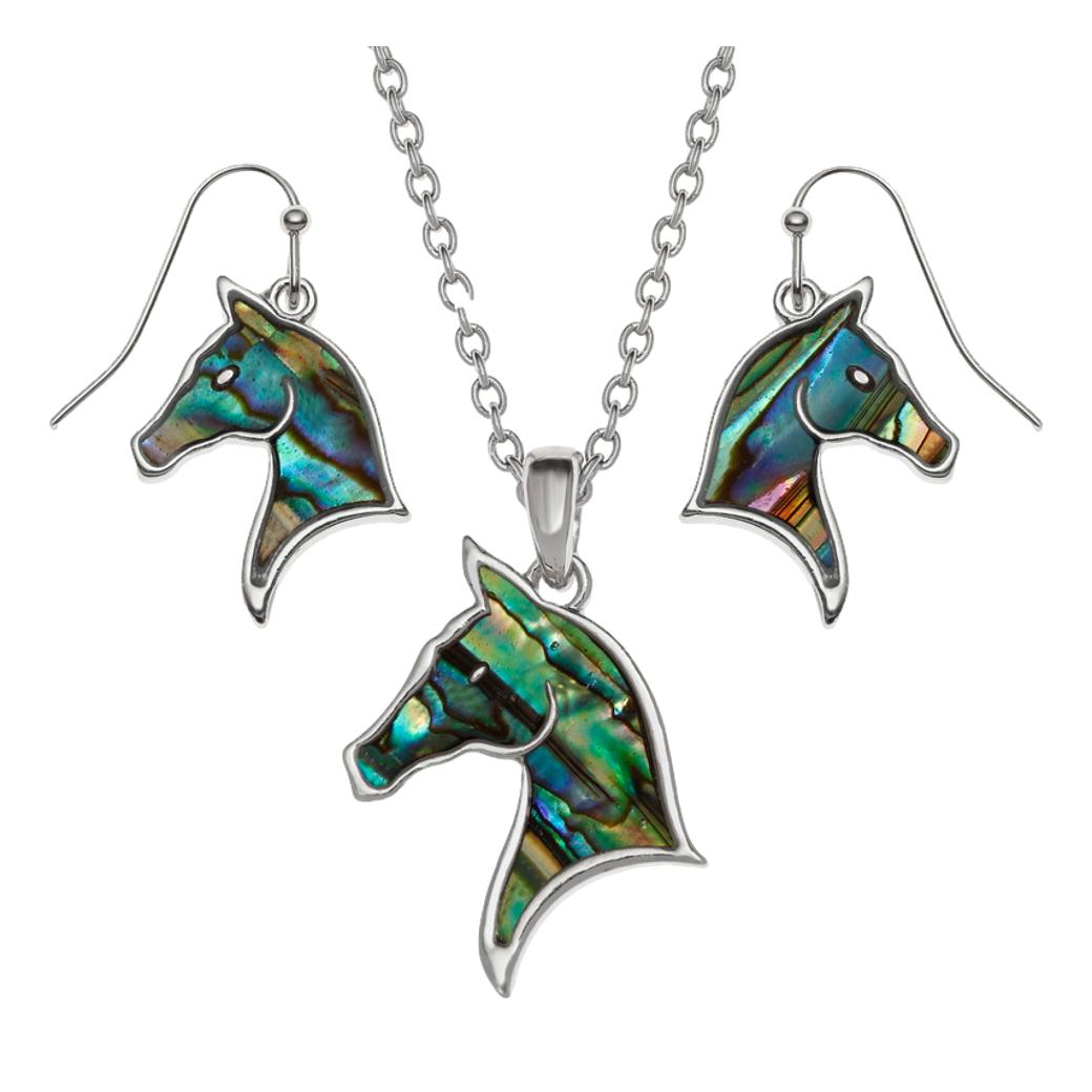 Blue/Green Horse Head Paua shell rhodium-plated pendant and earrings set image 0