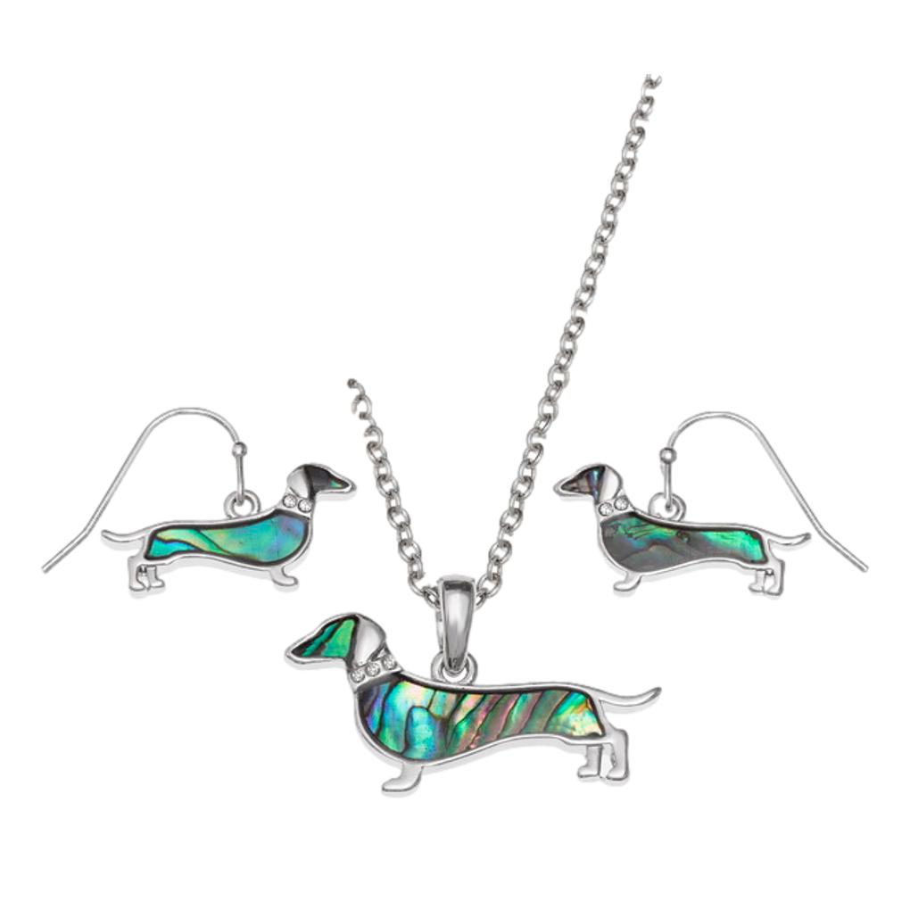 Dachshund Paua shell rhodium-plated pendant and earrings set image 0