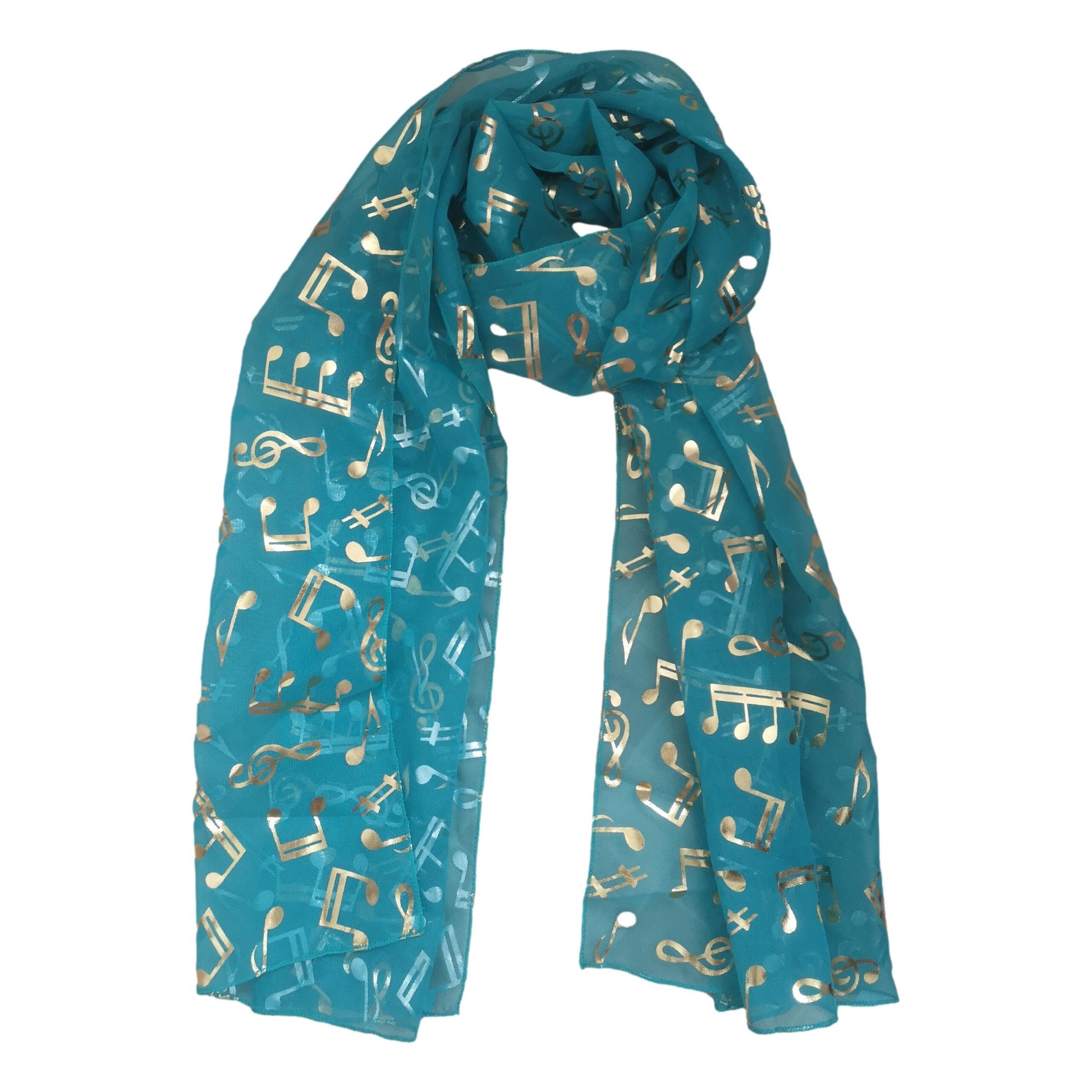 Treble Clef & Music Notes gold/silver reversible turquoise blue scarf image 0