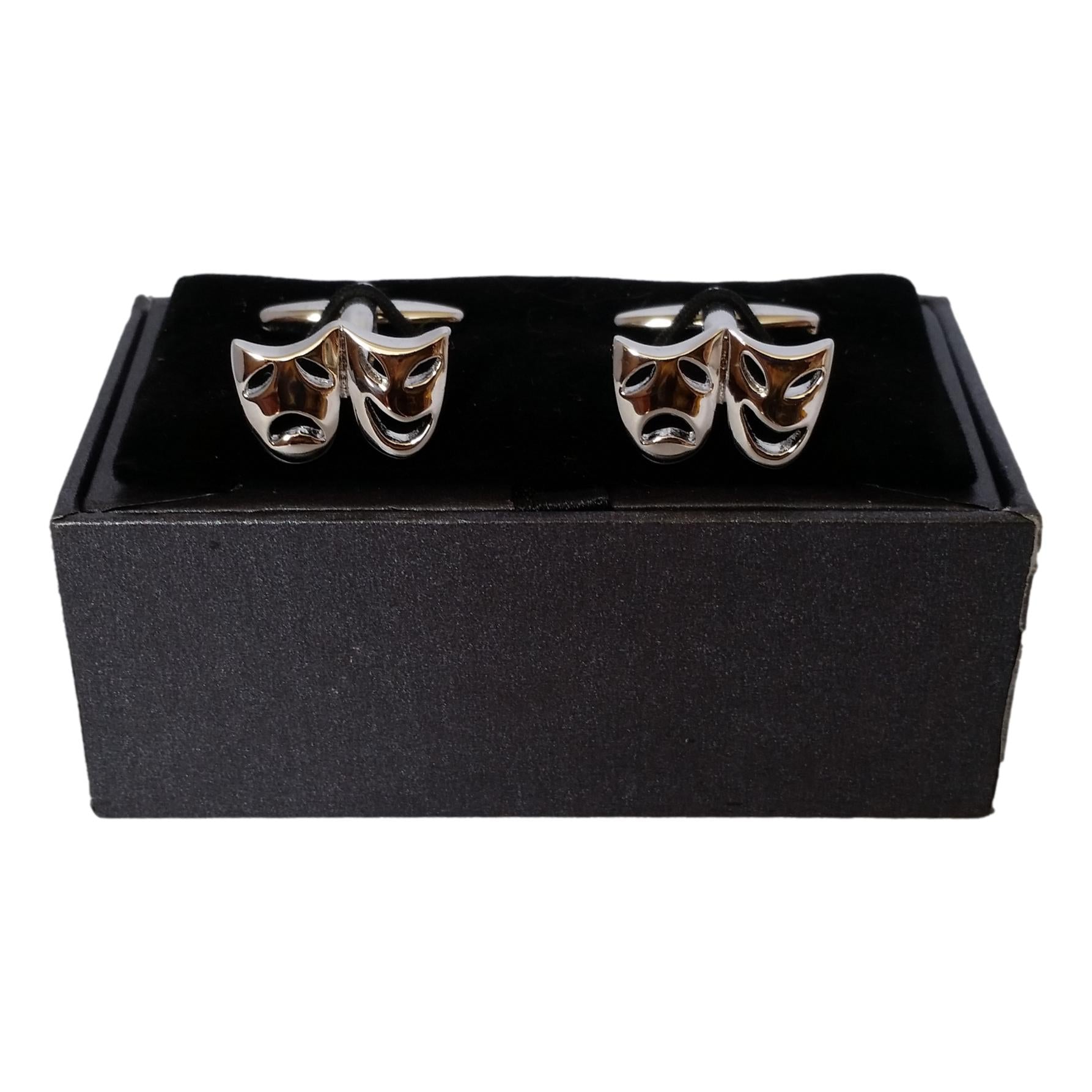 Theatre Masks pair silver-plated torpedo cufflinks in padded gift box image 1