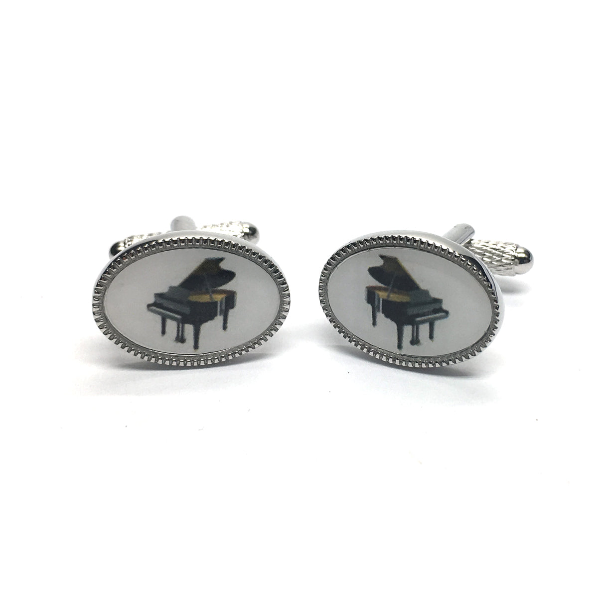 Grand Piano oval silver-plated torpedo cufflinks in padded gift box image 0