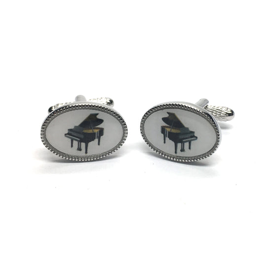 Grand Piano oval silver-plated torpedo cufflinks in padded gift box image 0