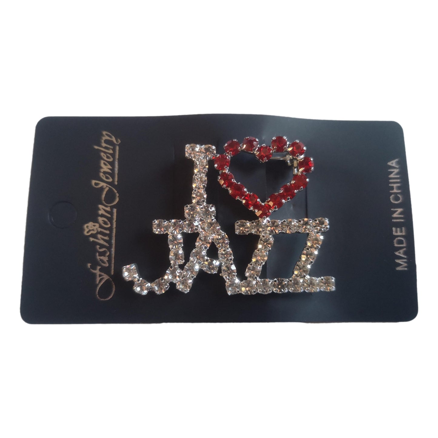 I Love JAZZ Heart diamante crystal pin brooch image 1