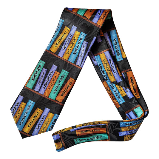 Educational Books on Shelves Scientist Teacher Student Polyester Tie sleeved with hook - black image 0