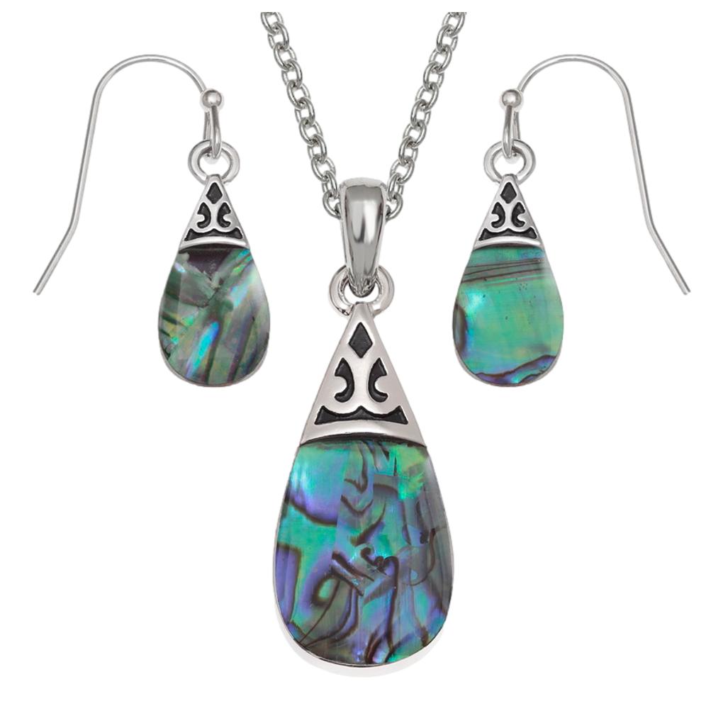 Tear / Pear Drop Paua shell rhodium-plated pendant and earrings set image 0