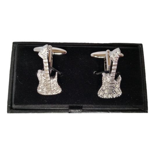 Diamante Electric Guitar silver-plated torpedo cufflinks in padded gift box image 0
