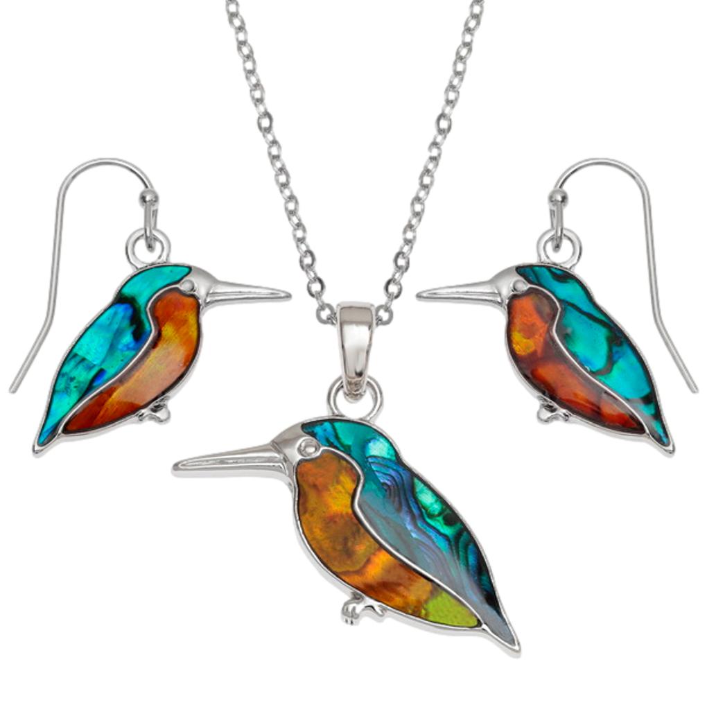 Kingfisher Paua shell rhodium-plated pendant and earrings set image 0