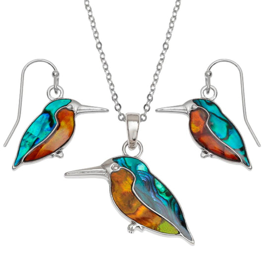 Kingfisher Paua shell rhodium-plated pendant and earrings set image 0