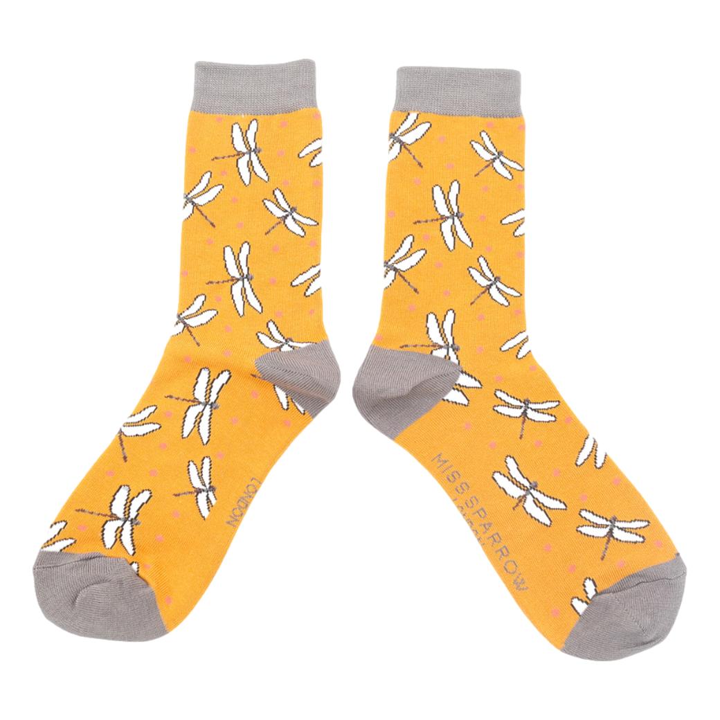 Dragonflies on Mustard Yellow Womens Novelty Ankle Socks Adult One Size