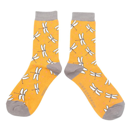Dragonflies on Mustard Yellow Womens Novelty Ankle Socks Adult One Size
